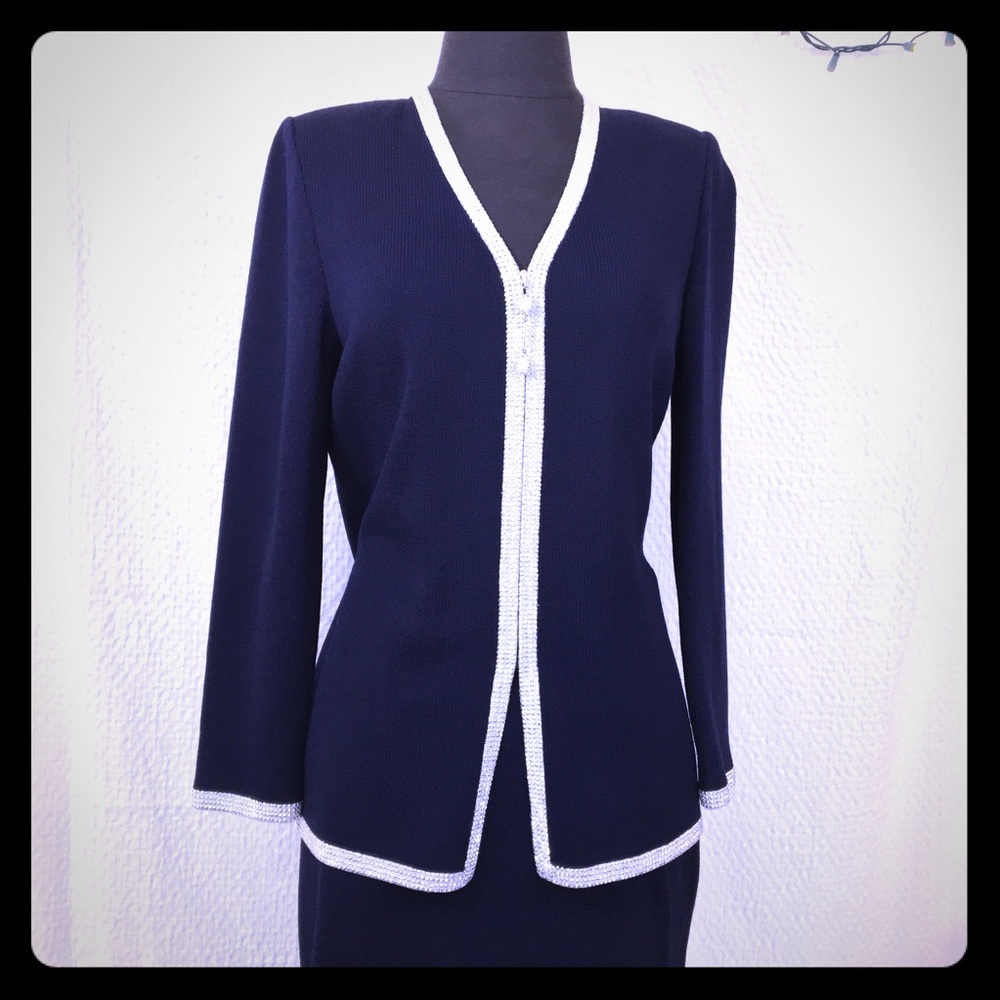 ST JOHN Jacket & Skirt Navy Blue Stud Embellish Zip Closure Top - Picture 2 of 7